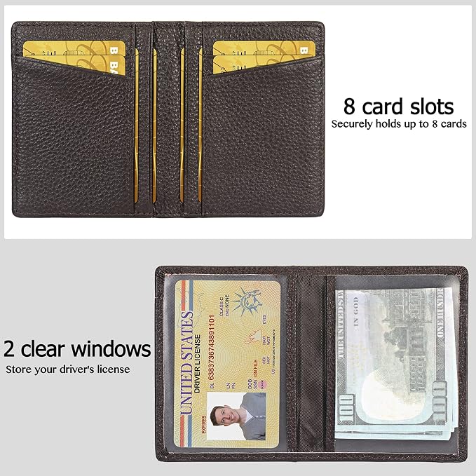 Unaone Slim Minimalist Wallet - Premium Leather RFID Blocking Front Pocket Wallets with 8 Card Slots and 2 ID Window, Dark Coffee - Image 2