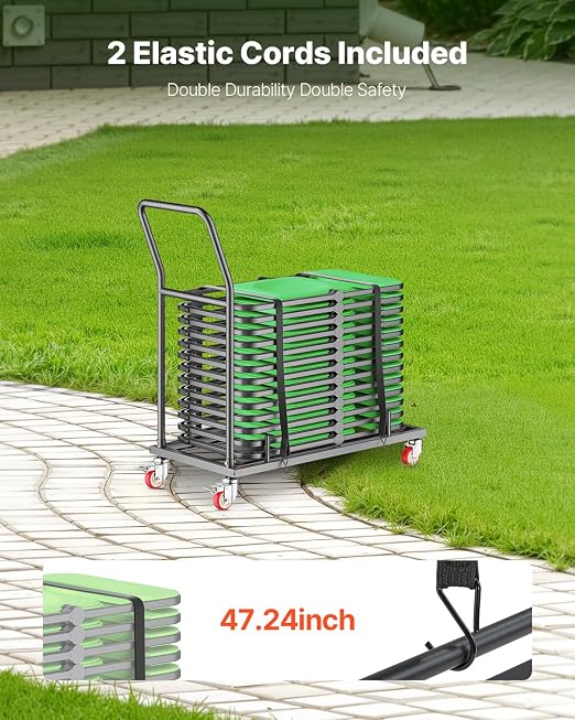 VEVOR Folding Chair Rack, 300 LBS Capacity, L-Shape Horizontal Placement Chair Cart for 25 Chairs, Heavy-Duty Metal Chair Storage Dolly with Rubber Wheels and Holders, Large Chair Holder, Matte Black | 300LBS Folding Chair Rack with Rubber Wheels & Hol... - Image 6
