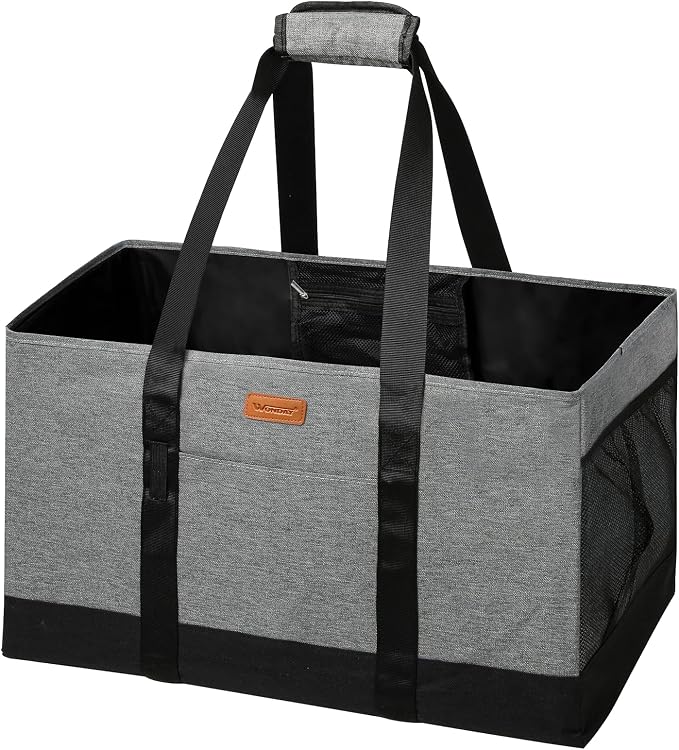 WONDAY Grey Foldable Utility Tote Bag, Reusable Grocery Bag | 22x11x13in, holds 50lbs, 600D Oxford fabric with PP board bottom, folds flat, side panels only, not self-standing by WONDAY