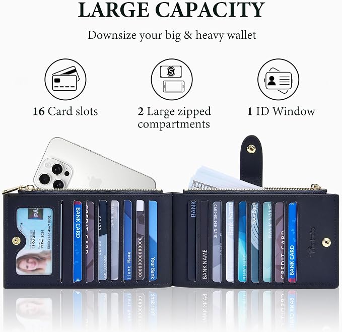 Travelambo Womens Leather Bifold Wallet, Slim RFID Blocking Card Holder | Large Capacity, 16 Card Slots & ID Window, 2 Zipper Pockets, Dual Snap Closure, Slim Lightweight, RFID Privacy Protection - Image 5