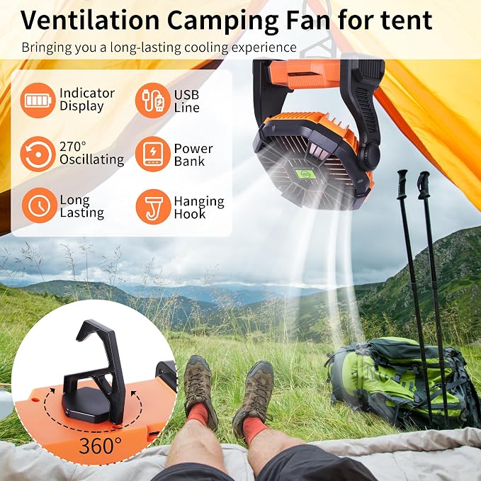 20000mAh Portable Fan Rechargeable Battery Powered Fan Camping Essentials | TDLOL Cordless Rechargeable Battery Operated Camping Fan with Light & Hook,USB Personal Fans Outdoor Beach Tent Travel Desk - Image 6