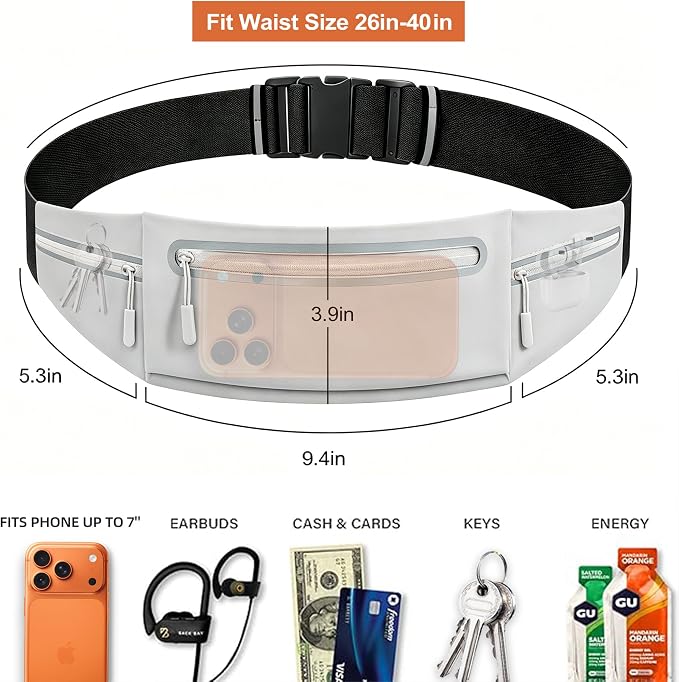 Slim Running Belt for Women Men,Phone Holder Waist Pack,Runners Fanny Pack | No-Bounce,Sweat-Proof Pocket,Travel Money Pouch for Gym/Hiking/Cycling,Three pocket,Two Highly Reflective Strips - Image 3