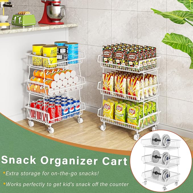 OKZEST Pantry Organizers and Storage Cart with Upgraded Metal Hub Casters | Fits under pantry shelf, Stackable fine-mesh wire baskets, 3-Tier rolling cart holds drink, snack, can, potato, onion, fruit - Image 8