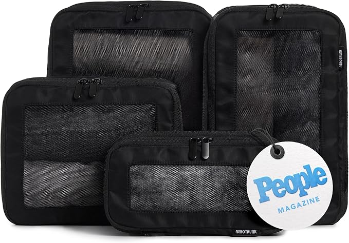 Compression Packing Cubes for Travel, 4-Pack, Black | Solves overpacking, 4-Piece set fits most carry-ons, 50% Space savings, Compression luggage organizer bags by Aerotrunk