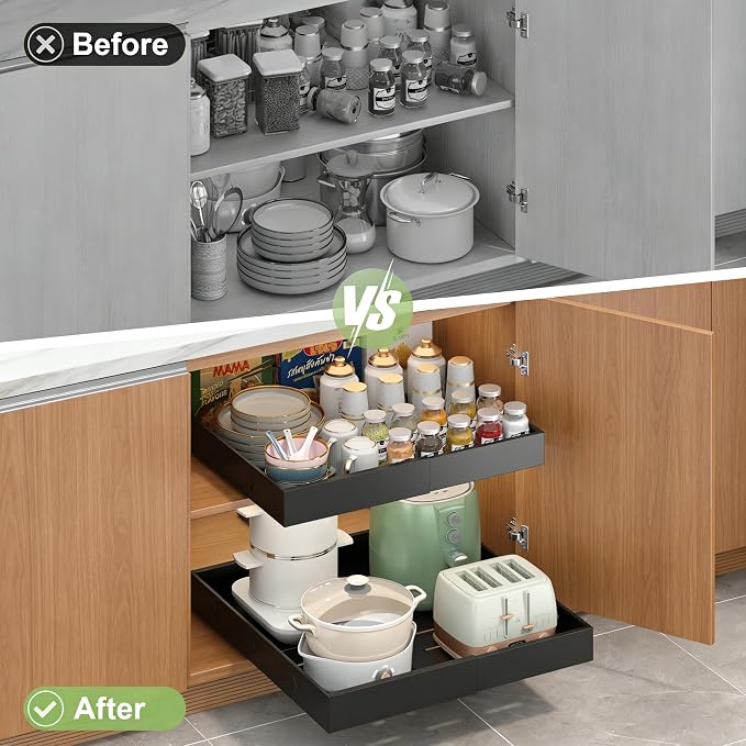 2-Pack-Expandable-Pull-Out-Cabinet-Organizers, No Drill Slide Out Drawers | Adjustable Pull Out Shelf With Raising Pad For Kitchen Framed Cabinet, Heavy Duty Sliding Roll Out Drawers Inside Cabinet - Image 6