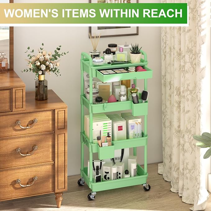 Goovilla 4 Tier Rolling Utility Cart Organizer with Removable Drawer, Green | Stable and Sturdy Rolling Storage Carts with 2 Lockable Wheels for Bathroom, Kitchen, Snack, Craft, Makeup, Baby Essentials - Image 5