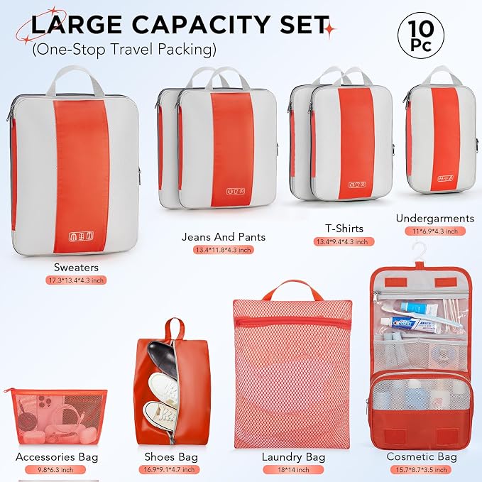 OlarHike 10 Set Compression Packing Cubes for Travel Essentials,Compressible Expandable Space Saver Bags for Organizing Clothes,Luggage Suitcase Garment Bags with Over 1000 pcs Mesh Holes(Orange) - Image 2