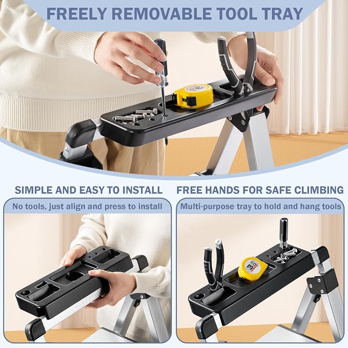 4 Step Ladder, Aluminum Folding Stool with Retractable Handgrip | 330 lbs Heavy Duty | Lightweight | Removable Tool Tray | Non-Slip Pedals | Slim Fold for Kitchen, Garage, Library & Closet - Image 2