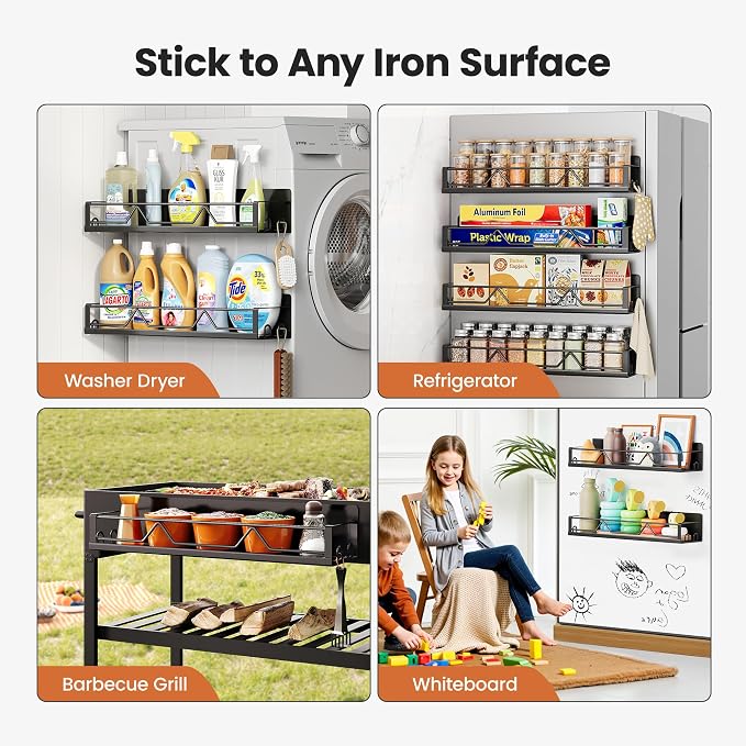 Mystozer 16.9 Inch Wide Large Capacity Magnetic Spice Rack for Refrigerator,4 Pack Metal Fridge Shelf Apartment Essentials Fridge Organizer Magnetic Storage Fridge Magnet Organizer(Black) - Image 6