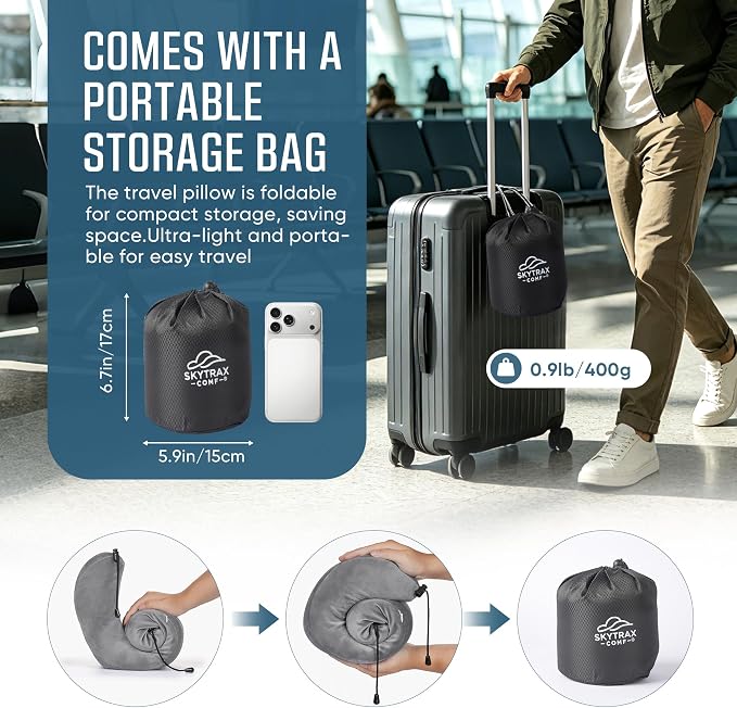 SkytraxComf® Travel Neck Pillow with Hood for Privacy on Long Flights | Memory Foam | Airplane Sleep | Safety-Tested Materials | Extra Large Hood | Chin Support | Earplugs | Washable Cover - Image 8
