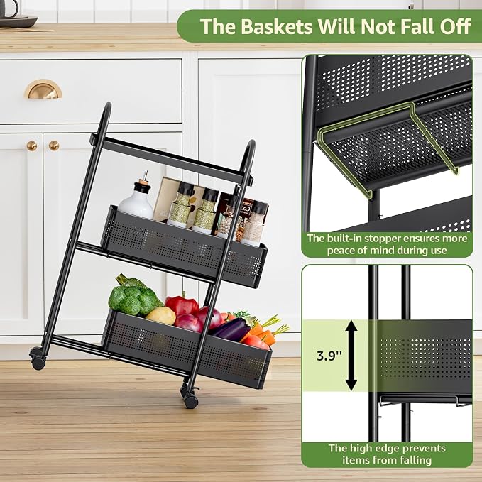 KINGRACK 3 Tier Slim Rolling Cart with Drawer, Metal Utility Storage Cart | 2 Pull-out Baskets, Lockable Wheels, Narrow Space Trolley Organizer for Bathroom, Kitchen, Office, Dorm, Laundry Room, Black - Image 7