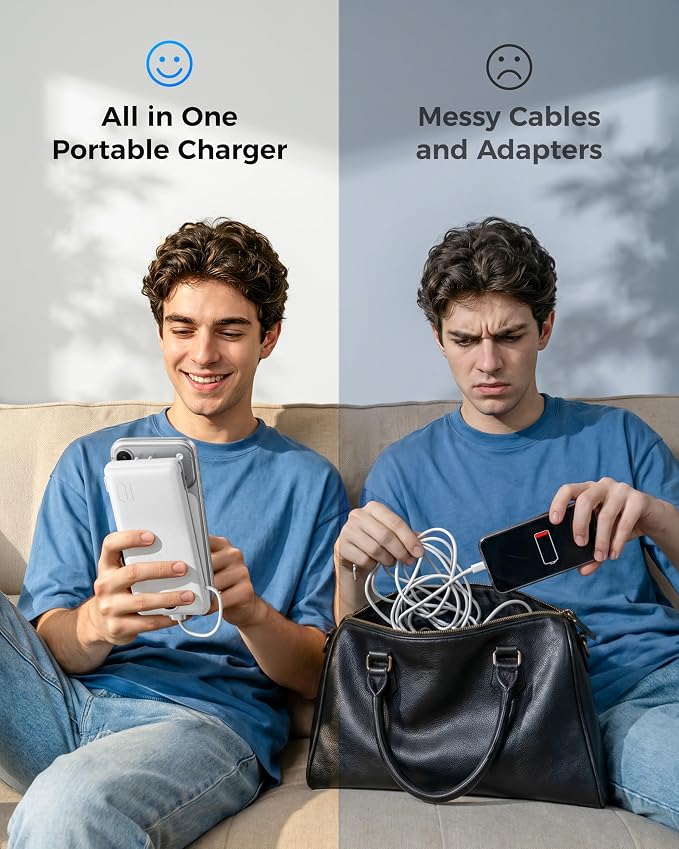 VEGER Portable Charger for iPhone, Power Bank Built in Cables and Wall Plug | 10000mAh,Ultra Slim&Compact,5 Outputs,LED Display,Flight-Safe,Travel Essentials Battery Pack for iPhone 17,iPad, Samsung,etc - Image 6