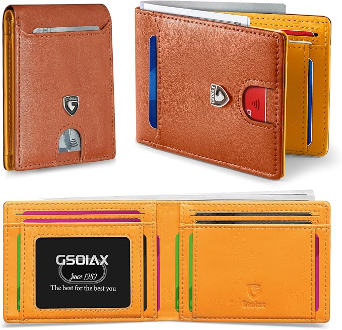 GSOIAX Slim Wallet for Men RFID Blocking Bifold Wallet Carbon Fiber Front Pocket Wallet with 11 Card Holder Minimalist Mens Wallet with Gift Box(Z-Brown and Yellow) by GSOIAX