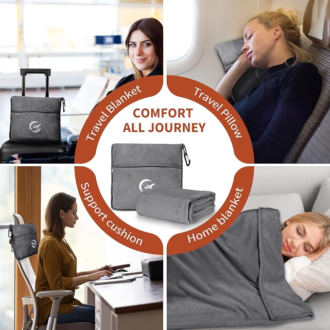 Tirrinia Soft Travel Blanket Pillow, 3-in-1 Foldable Airplane Throw Blanket, Long Flight Essentials, Car Pillow, Lightweight Travel Accessories - Image 4