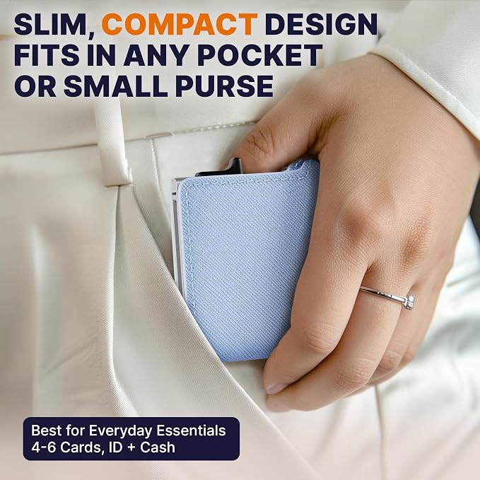 Pop Up Wallet for Women | RFID Blocking Slim Card Holder for Small Purse & Crossbody Bag | Compact Aluminum Wallet | Holds 4–6 Cards | Saffiano Sky Blue - Image 7