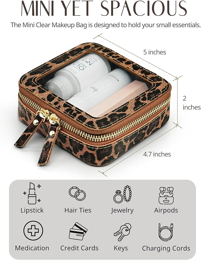 Small Makeup Bag Clear Mini Pouch Cosmetic Case Travel Leopard Make Up Bag for Purse Accessories Cheetah Print Travel Clear Case for Car Essentials Women Cute Leather Little Cosmetic Pouch with Zipper - Image 6