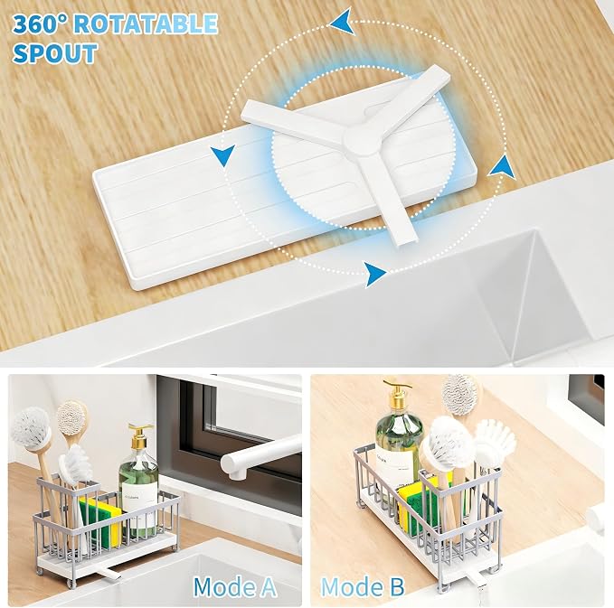 Cisily Sponge Holder for Kitchen Sink, Sink Caddy Organizer with High Brush Holder, Kitchen Countertop Organizers and Storage Essentials, Rustproof 304 Stainless Steel (Gray, 9.25″) - Image 3