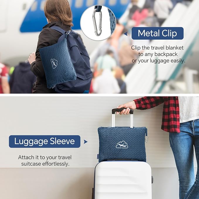 BEDELITE Travel Blanket with Bag, Jacquard Fleece Blanket 65"x40", Navy | Ultra-soft Airplane Blanket, Luggage Sleeve & Backpack Clip, Travel Essentials for Women, Foldable as Pillow for Long Flight - Image 4