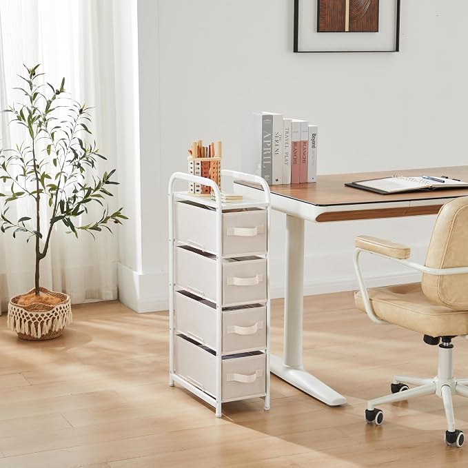 MAX Houser 4 Drawer Narrow Dresser Fabric Storage Tower Vertical Slim Storage Chest Organizer Nightstand Side/End Table Small Standing Organizer Removable Drawers Wood Top for Bedroom, Bathroom(Beige) - Image 4