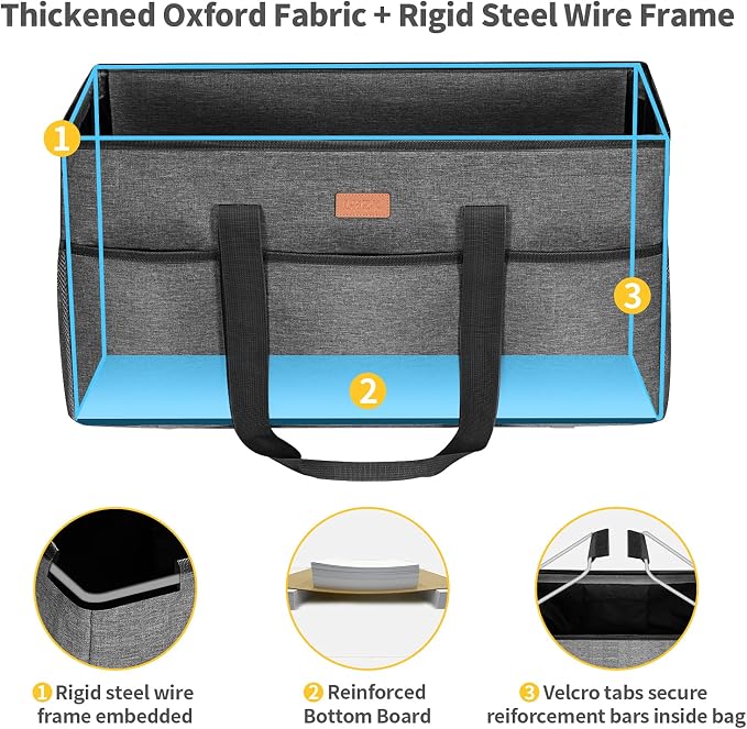 LHZK Stand Up Extra Large Utility Tote Bag with Lid, Utility Tote Bag with Metal Wire Frame and the Sides Rinforced, Reusable Grocery Bags Foldable, Beach Bag, Car Tote (Gray) - Image 4