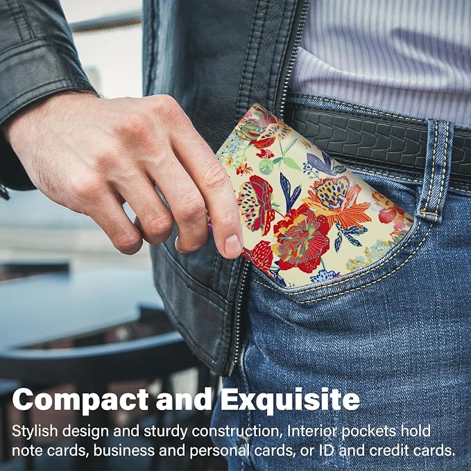 Business Card Holder，PU Leather Business Card Case Color Printing Pattern Card Holder Wallet，Pockets Magnetic Credit Card Holders for Men and Women - Purple Flowers - Image 5