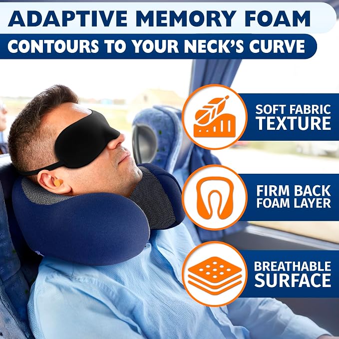 Travel Neck Pillow for Airplane, 100% Memory Foam (Blue) | 4-in-1 Set with 3D Eye Mask, Earplugs, Carry Bag, Washable Cotton Cover & Snap Buttons, Neck Pillow for Plane, Car & Train - Image 7