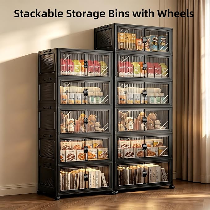 5-Tier Foldable Storage Cabinet with Wheels & Lid, 242QT Large Stackable Organizer, No Tool Required, Storage Cabinet for Garage, Home Office, Pantry, Kitchen, Dorm - Image 6