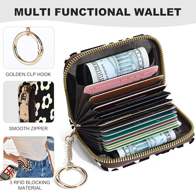 Credit Card Holder for Women,Small Rfid Wallet with Keychain Zipper,Cute PU Leather Card Case Wallet，Accordion Credit Card Wallets Gift,Beige Flower - Image 2