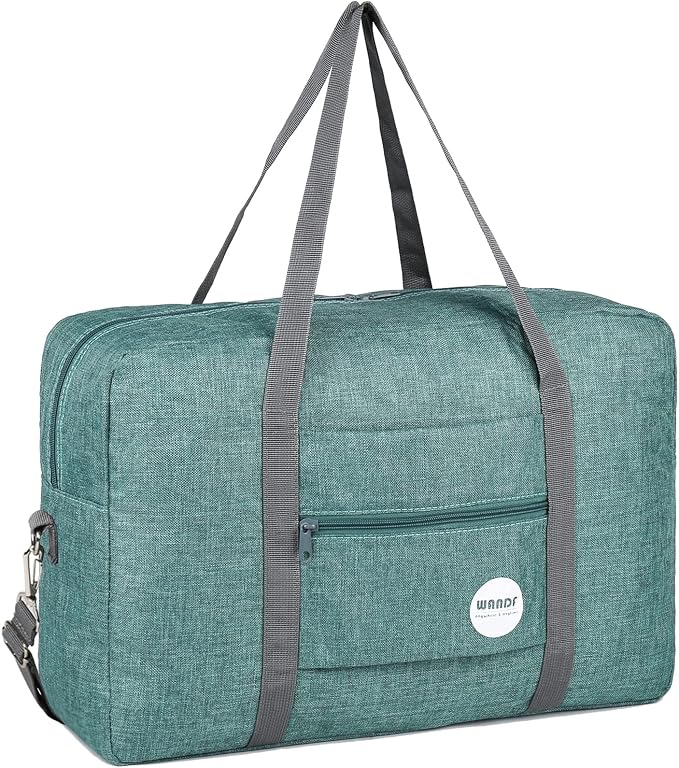 WANDF Foldable Travel Duffel Bag Luggage Sports Gym Water Resistant Nylon (E-Denim Green with Strap) | 18x14x8 inches, Airline Underseat Aprroved, Weekend Overnight Trips, Lightweight Packable by WANDF
