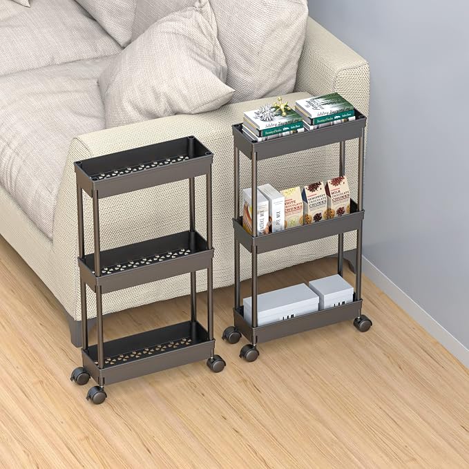Sooyee 3 Tier Rolling Cart with Wheels, Black | Slim Storage Cart, Narrow Storage Cabinet, Under Desk Storage, For Office Bathroom Kitchen Laundry Room - Image 5