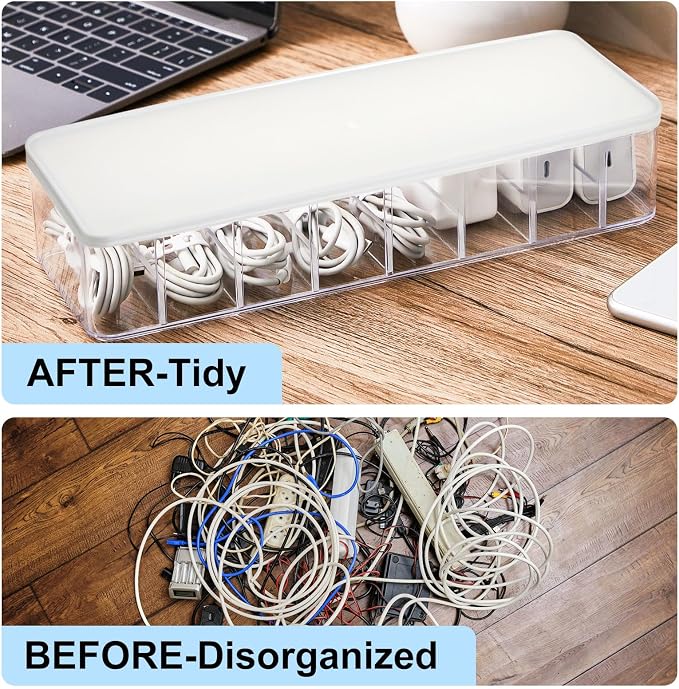 Tatuo 2 Pcs Cord Organizer for Drawer Desktop, Cable Organizer Box with 8 Compartments and Wire Ties, Plastic Charger Storage with Lid, Electronics Case for Home Office Accessories (Small,Clear,White) - Image 5