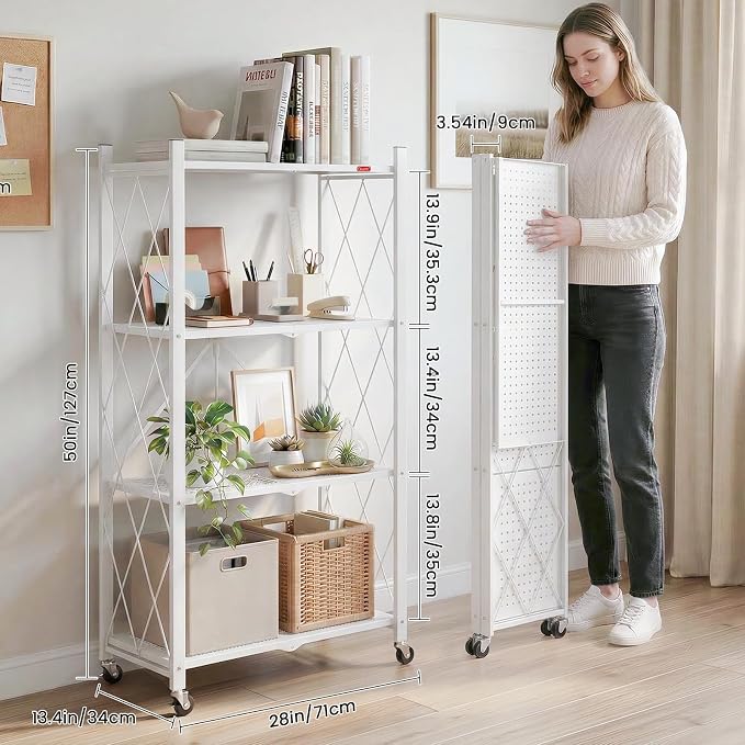DEANIC 4 Tier Foldable Storage Shelves with Wheels, Large Capacity Shelving Unit, Freestanding Metal Wire Shelf Rack, No Assembly Organizer Rack for Garage Kitchen, Basement, Pantry(White) - Image 3