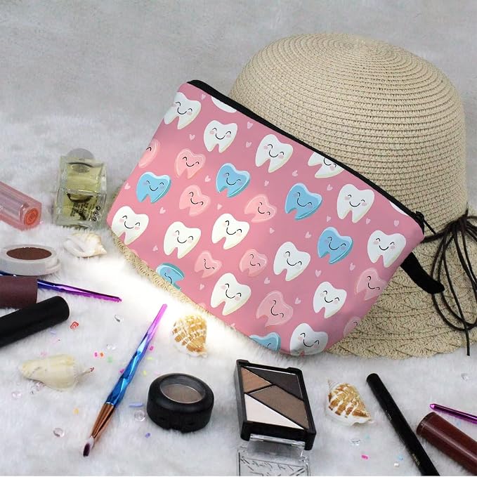 Livel lhood Pink Backgrpund Cartoon Teeth Small Makeup Zipper Bag | Cartoon Teeth Printed Cosmetic Organizer Pouch, Cartoon Teeth Gift for Women Friends - Image 7