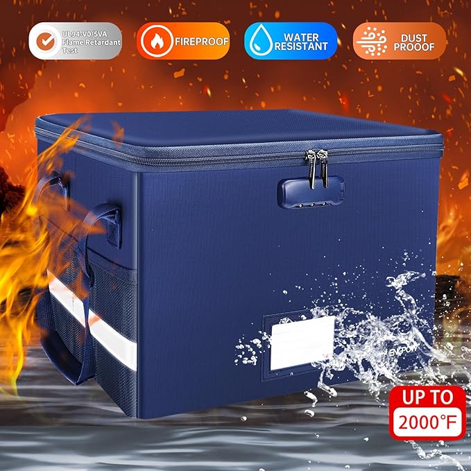 ENGPOW File Box with Lock, Fireproof Document Box with Zipper＆Pockets, Collapsible File Organizer Filing Storage Cabinet with Handle, Portable Home Office Safe for Hanging Letter/Legal Folder, Blue - Image 3