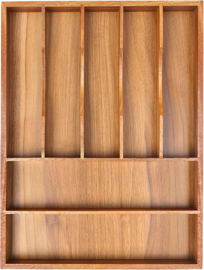 Bellsal Bamboo Silverware Organizer, 12"x15.7" Utensil Holder Cutlery Tray with Grooved Drawer Dividers for Kitchen Flatware, Bedroom, Office (7 Slot, Acacia) by Bellsal