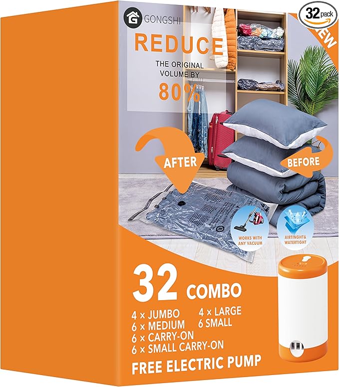 GONGSHI Vacuum Seal Bags for Clothing Travel & Home Storage, Travel Vacuum Bags with Electric Pump,Space Saver for Blankets, Comforters, Pillows, Clothes,32 Combo by GONGSHI