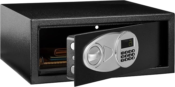 Amazon Basics Steel Security Safe and Lock Box with Digital Keypad, Electronic Lock, Emergency Key Open, Secure Cash, Jewelry, Documents, Black, 0.7 Cubic Feet, 16.9-x-14.6-x-7.1-inches (WxDxH) by AmazonBasics