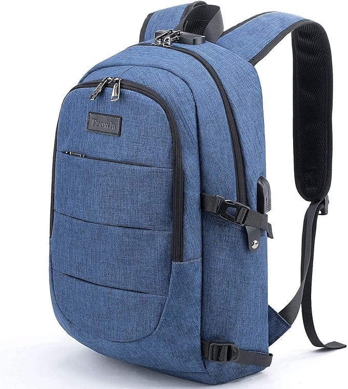 Tzowla Travel Laptop Backpack Water Resistant Anti-Theft Bag with Giant Tumbler Holder Pocket and Lock 15.6 Inch Computer Business Backpacks for Women Men Work College Gift,Casual Daypack(Blue) by Tzowla