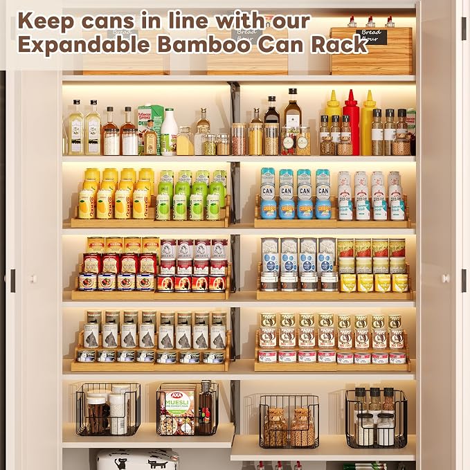 Expandable Bamboo Can Display Organizer for Pantry, 3-Tier Can Storage | Easy-Access Adjustable Can Shelf for Cabinets, Storage for Canned Goods & Soda Cans, Holds Up to 24 Cans (Patent Pending) - Image 4