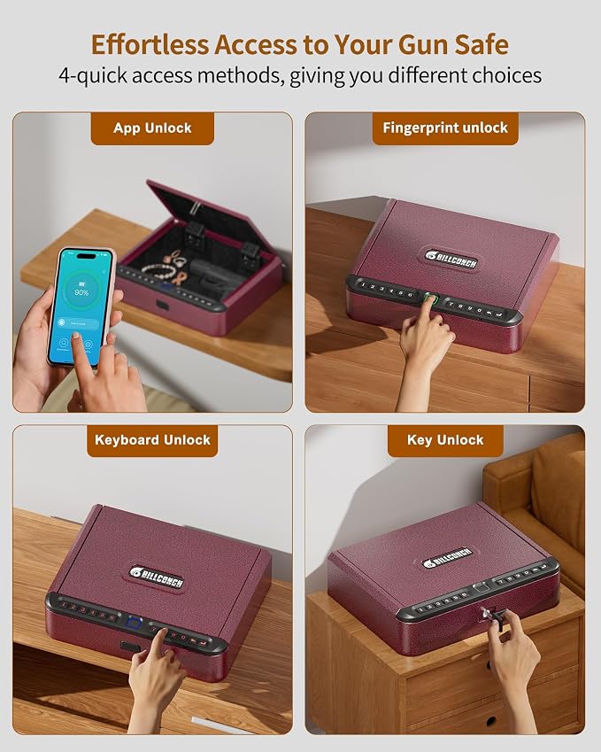 BILLCONCH Smart Gun Safe for Handgun with Fingerprint, App & Security Cable | Biometric Gun Safe 4 Ways Quick Access Built-in LED Light, Ideal Handgun Safe for Nightstand and Home - Burgundy Red - Image 3