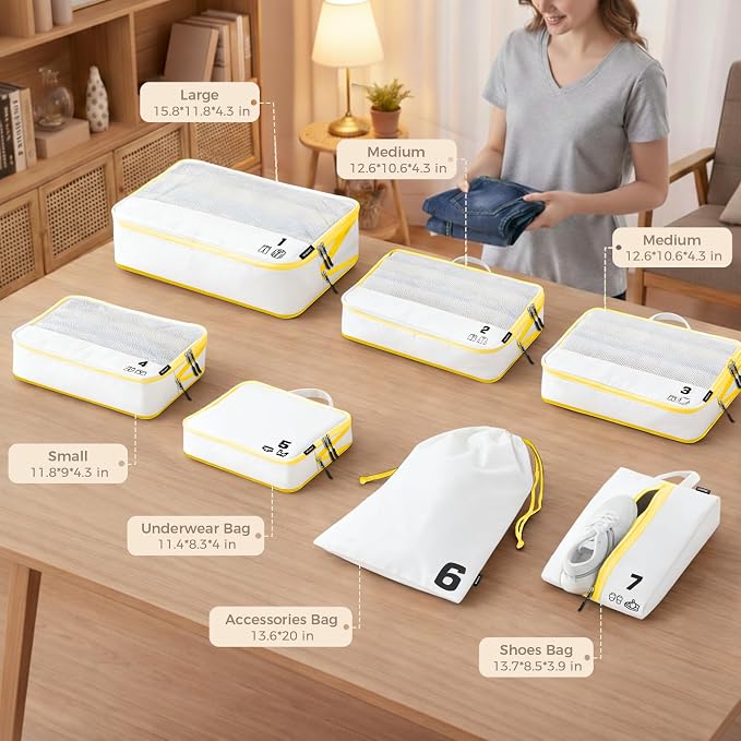 7 Set Compression Packing Cubes for Travel, Luggage Organizer Bags for Suitcases with Mesh Panels, Shoe Bag & Toiletry Bag for Carry On, Vacation & Cruise Essentials (White) - Image 2