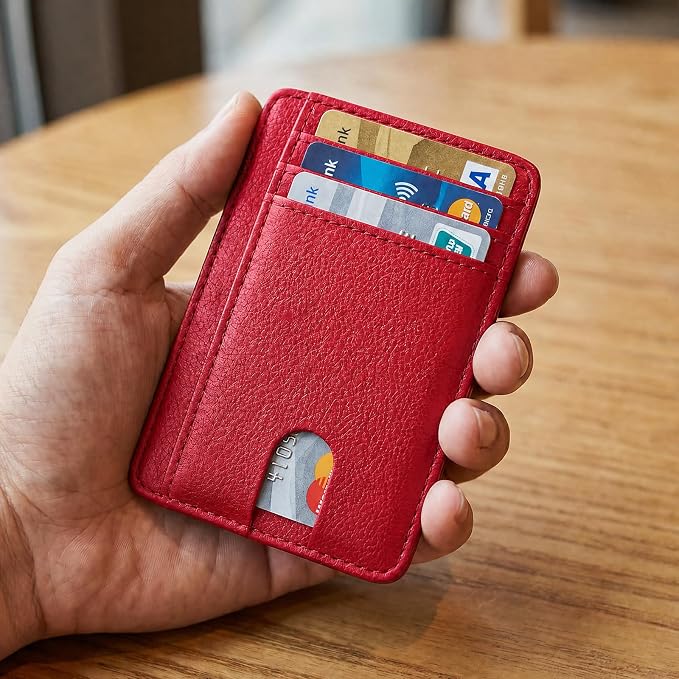 Slim Minimalist Front Pocket RFID Blocking Leather Credit Card Holder, Small Compact Wallet with ID Window for Men and Women (Red) - Image 2