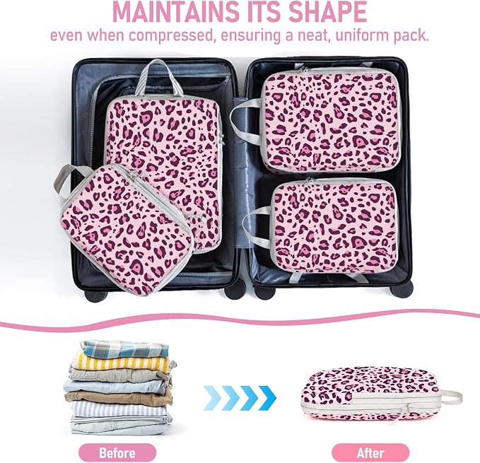 6 Set Compression Packing Cubes, Suitcase Organizer, Lightweight Travel Essentials, Compression Bags For Travel Accessories Luggage Storage Set (6Pcs, Purple Leopard) - Image 5