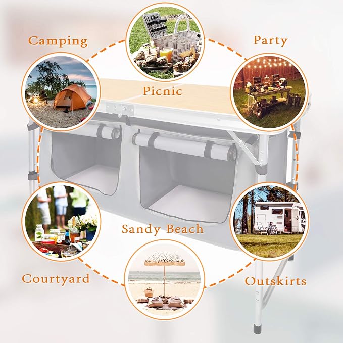 Folding Camping Table with Storage Lightweight Camp Tables Portable Indoor/Outdoor Collapsible Table Height Adjustable Camp Kitchen Perfect for Picnic, Beach, Travel, Tailgating, Backyards, BBQ, Party - Image 6