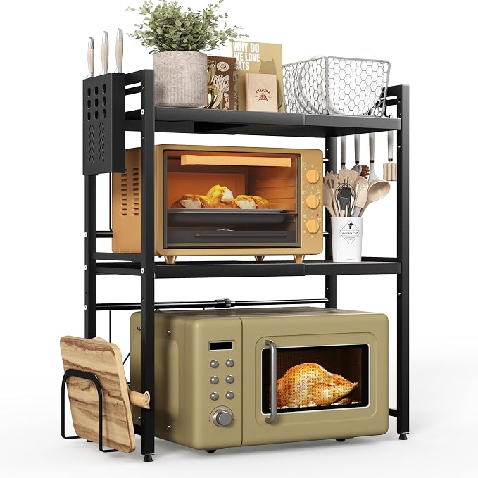 3 Tier Expandable Microwave Stand countertop,Microwave Oven Rack | microwave shelf with Cutting Board Holder and Knife Holder, storage shelf for pans &appliances,55 Lbs load Per Tier,Black by NETELOfficial