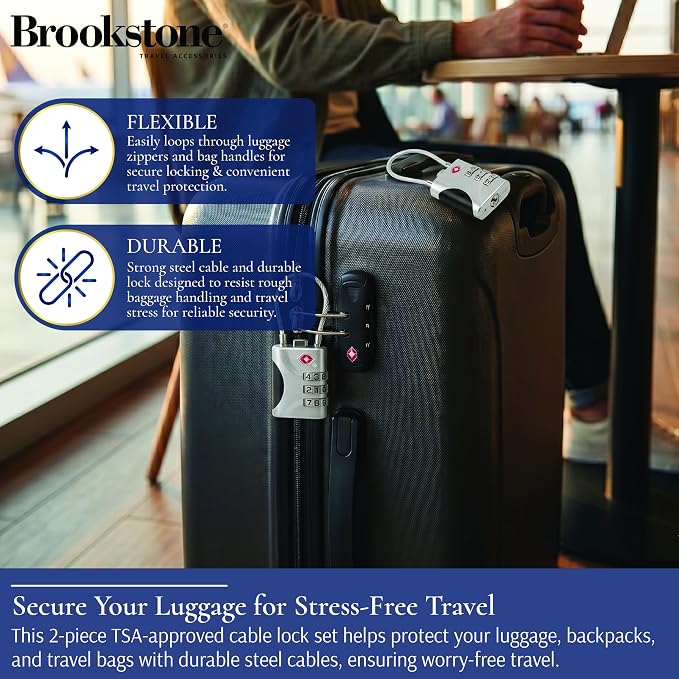 Brookstone Cable Luggage Locks, 2 Pack, TSA Approved, Resettable | 3-Digit Combination Lets You Set Your Own Code, Slim Design Threads Through Zippers or Straps, Great for Bags - Image 3