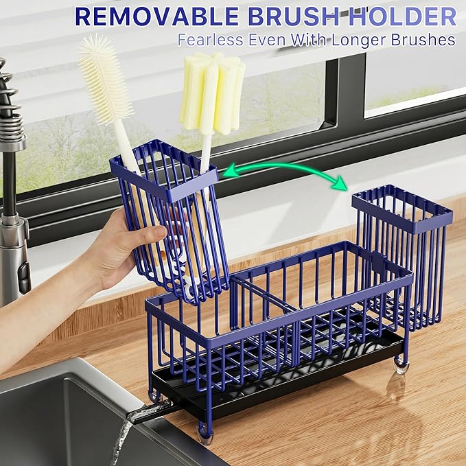 Cisily Sponge Holder for Kitchen Sink, Sink Caddy Organizer with High Brush Holder, Kitchen Countertop Organizers and Storage Essentials, Rustproof 304 Stainless Steel (Navy Blue, 9.25″) - Image 3