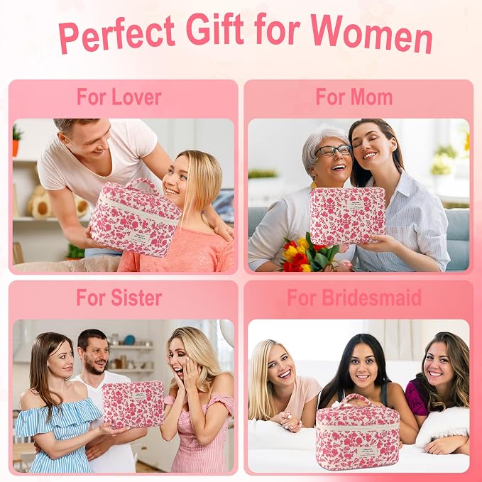 URSKYTOUS 3Pcs Cotton Quilted Makeup Bag for Women Large Small Travel Cosmetic Bag Set Cute Pink Floral Print Makeup Pouch for Purse Portable Skincare Bags Coquette Vintage Puffy Travel Essential - Image 6