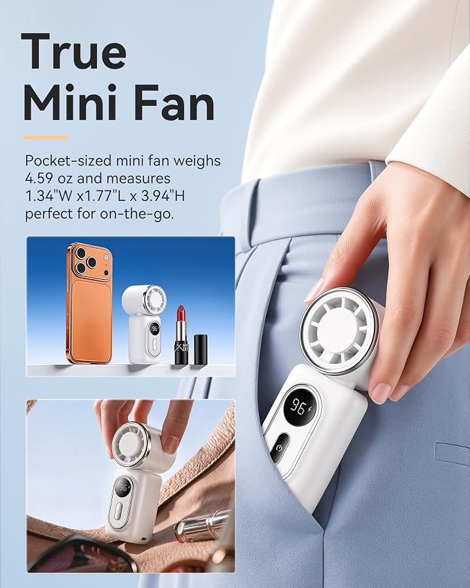 Mini Clip on Fan Handheld, 3000mAh Rechargeable Portable Fan with LED Display, 3-in-1 Personal Cooling Fan, 2 Speeds Quiet USB C Fan for Stroller Desk Travel Camping Office for Women Men Kids, White - Image 4