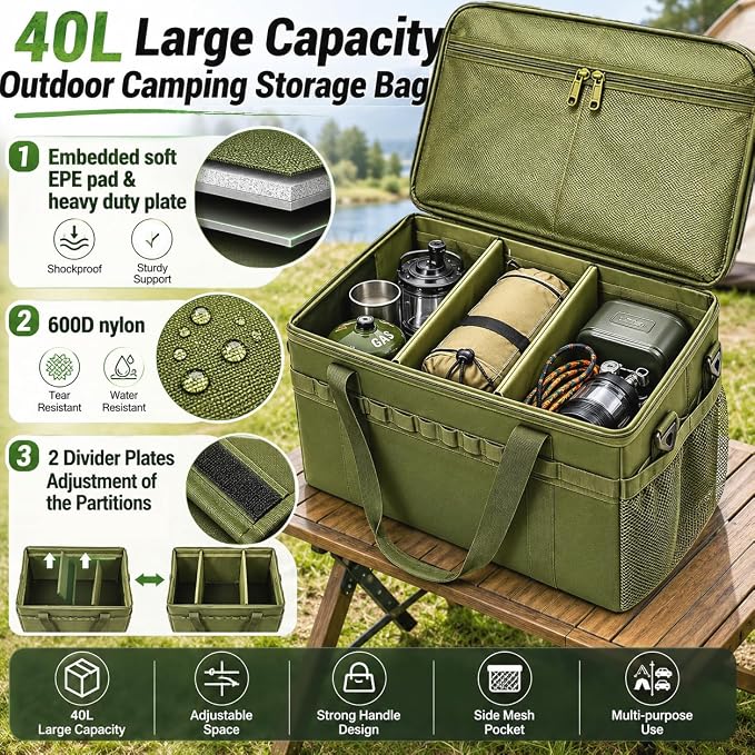 40L Waterproof 600D Camping Storage Bag Modular Organizer Outdoor Gear Kitchen Carry Case | 40L Large Capacity with Removable Dividers – Custom layout for camping cookware, tools & daily outdoor supplies - Image 6